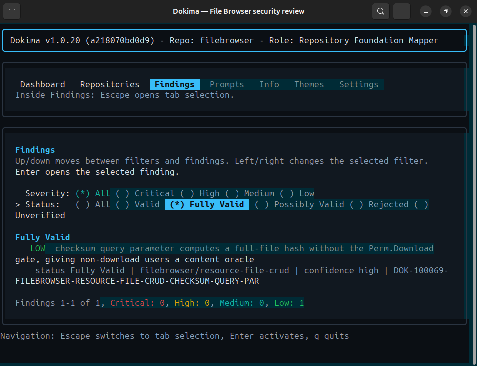 Dokima terminal dashboard showing a fully validated File Browser security finding